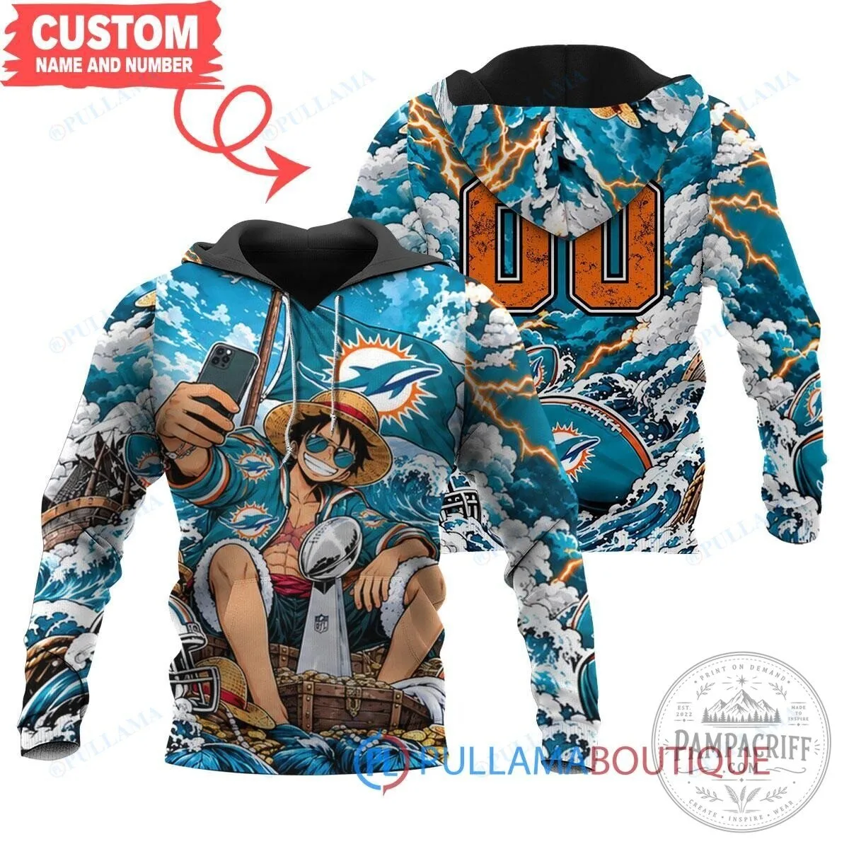 Miami Dolphins Monkey D. Luffy One Piece Anime Fan Art Hoodie