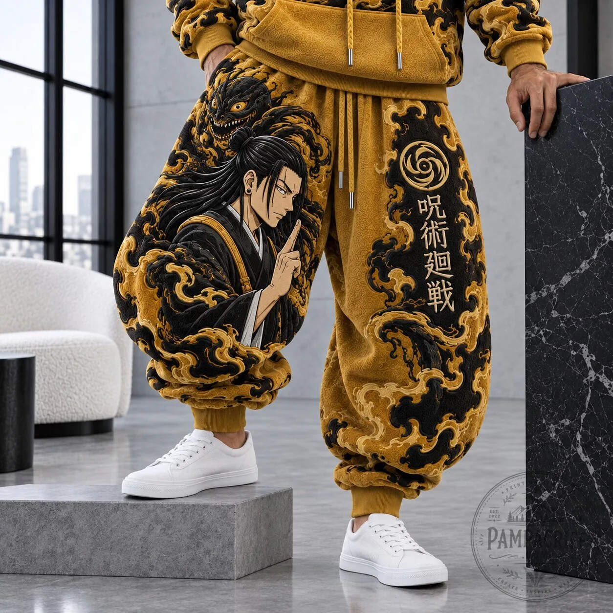 Jujutsu Kaisen Yuta Okkotsu Anime Gold and Black Cloud Pattern Sweatpants