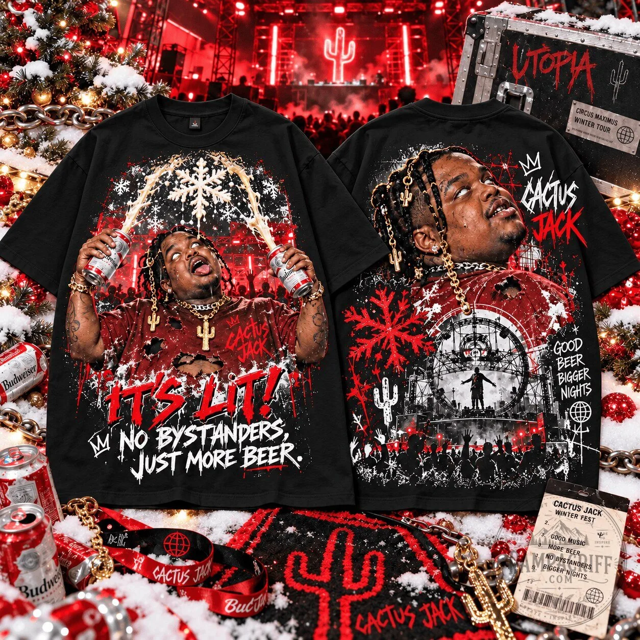 Travis Scott Cactus Jack Christmas It's Lit Beer Party T-Shirt 1 Travis Scott Cactus Jack Christmas It's Lit Beer Party T-Shirt
