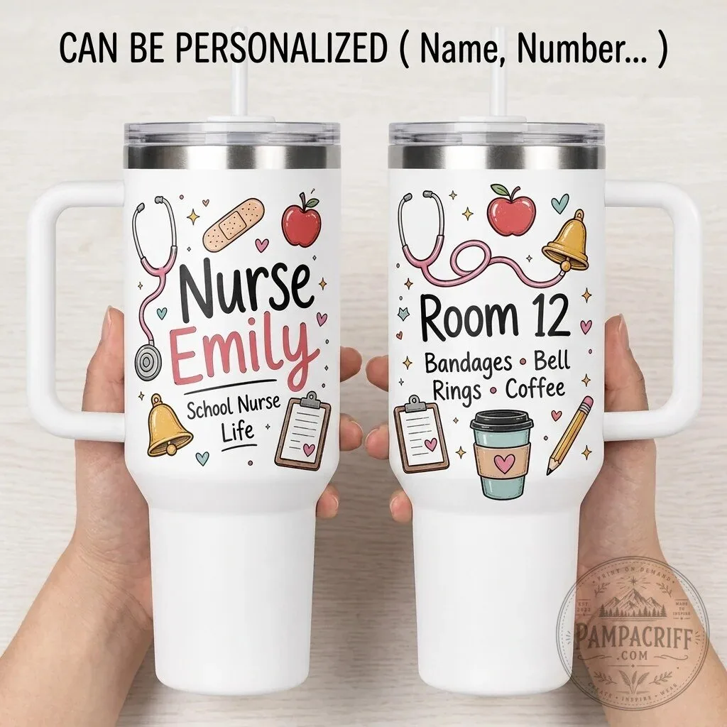 Personalized School Nurse Tumbler with Handle - Custom Name and Room Number Gift 3 Personalized School Nurse Tumbler with Handle - Custom Name and Room Number Gift