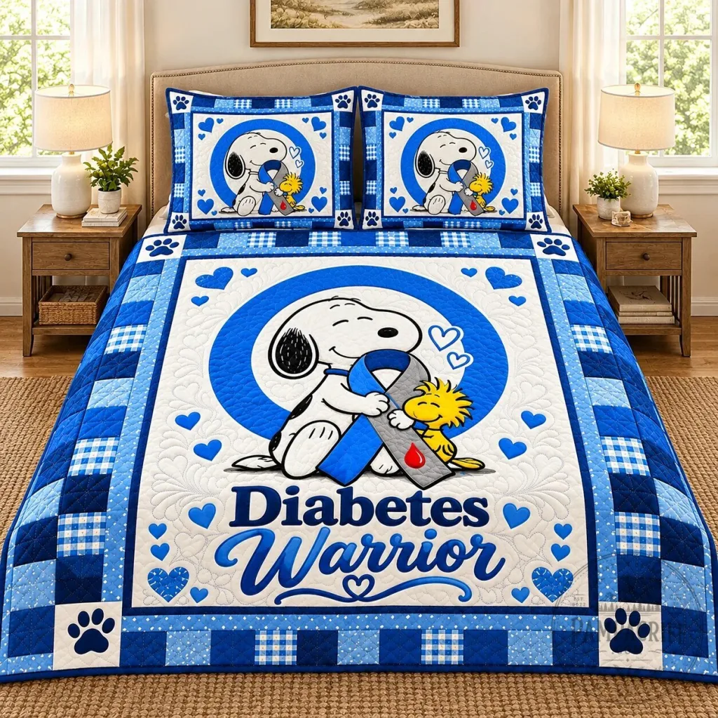 Snoopy and Woodstock Diabetes Warrior Blue Ribbon Quilt Bedding Set Snoopy and Woodstock Diabetes Warrior Blue Ribbon Quilt Bedding Set