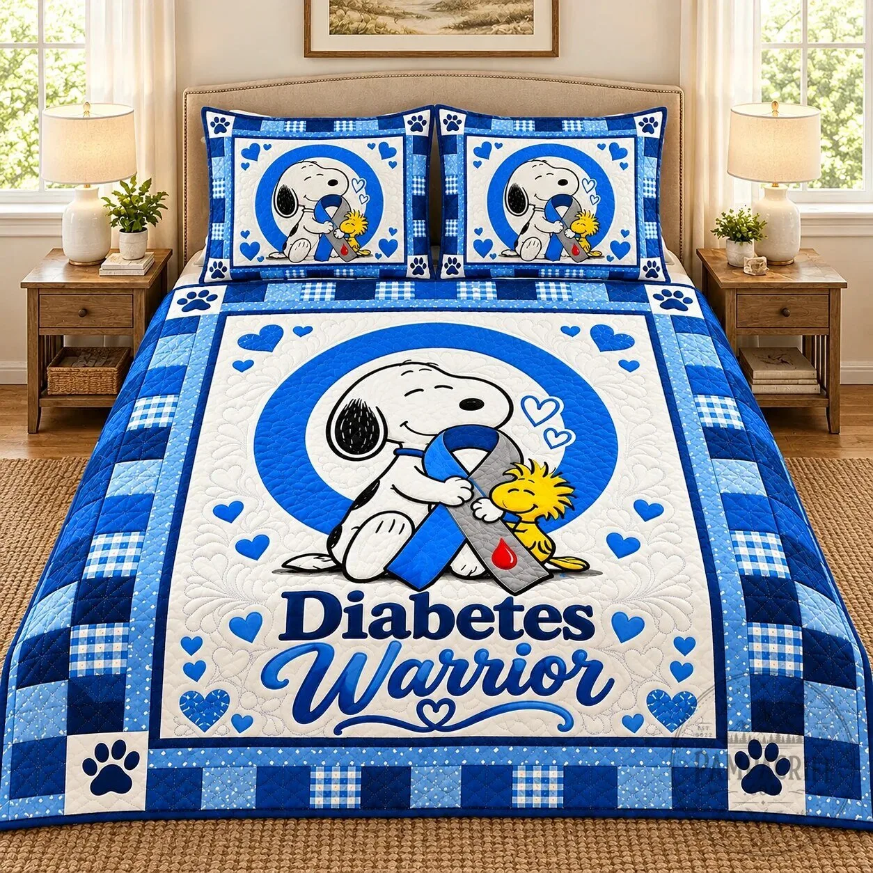 Snoopy and Woodstock Diabetes Warrior Blue Ribbon Quilt Bedding Set