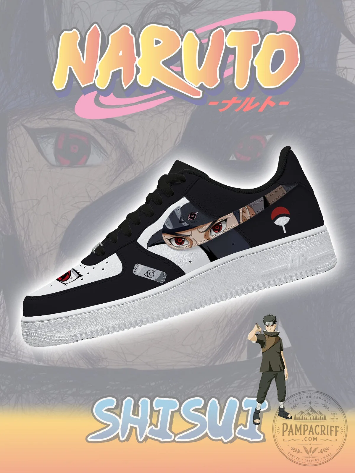 Naruto Uchiha Shisui Anime Character Art Black and White Sneakers