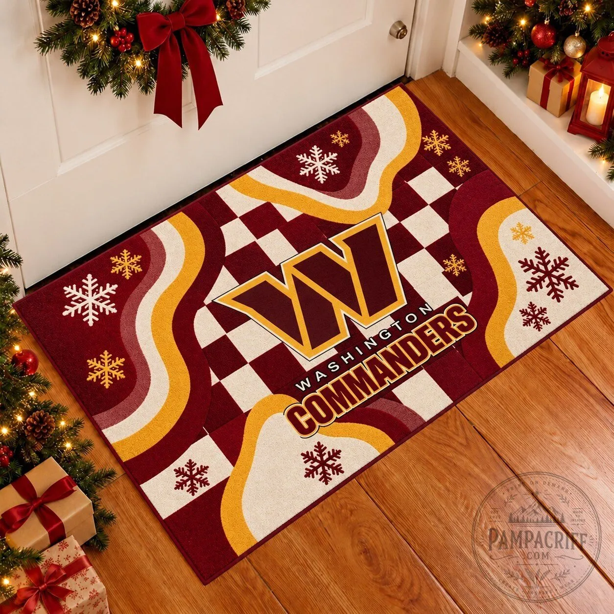 Washington Commanders NFL Christmas Snowflakes Checkered Doormat