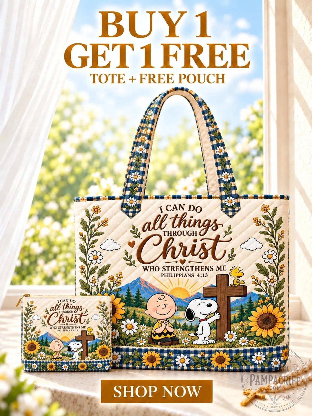 Snoopy Charlie Brown I Can Do All Things Through Christ Quilted Tote Bag
