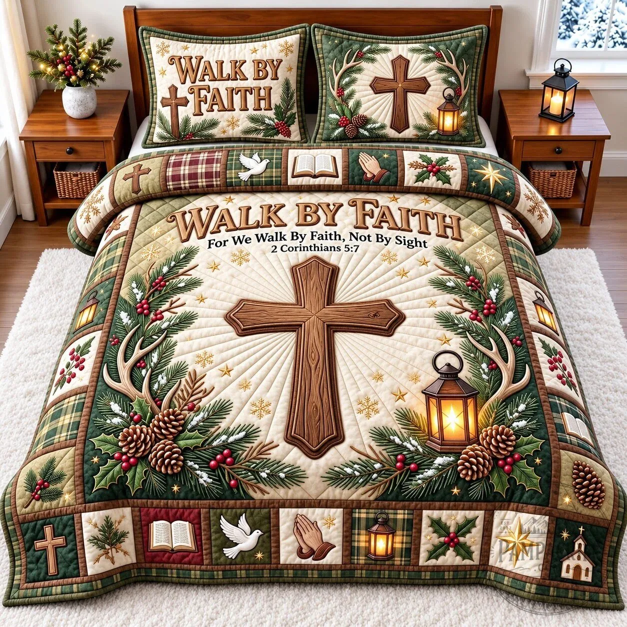 Walk By Faith Christmas Cross Lantern Quilted Bedding Set