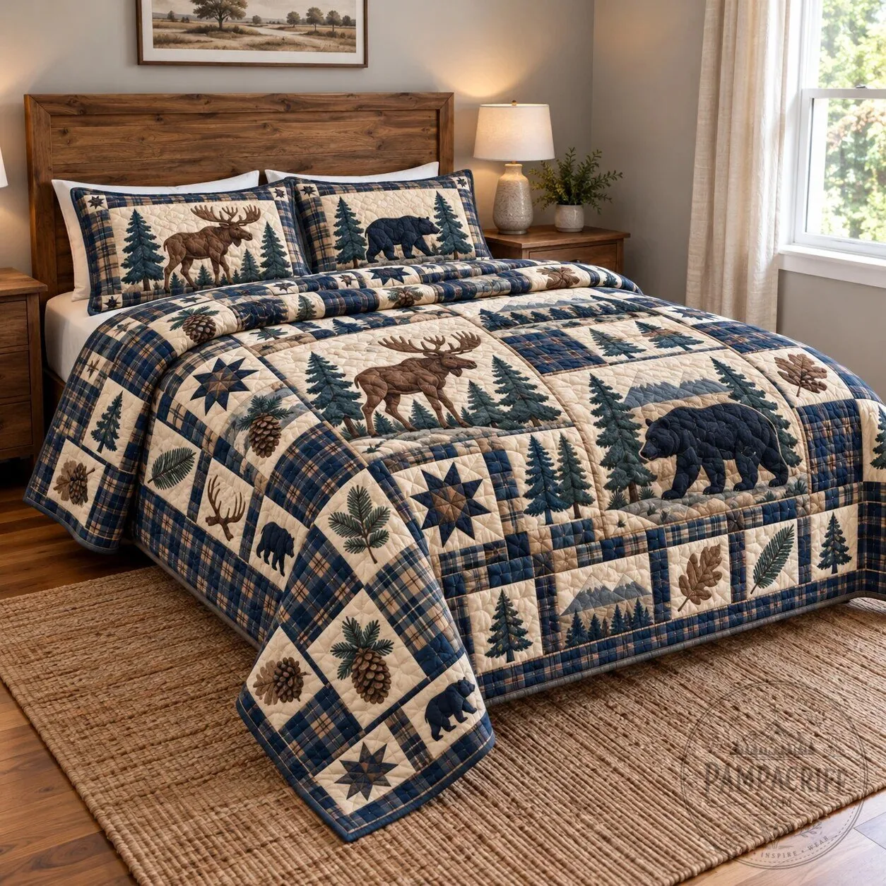 Rustic Woodland Moose and Bear Plaid Quilted Bedding Set