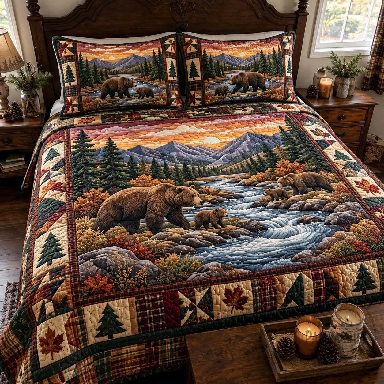 Sunset River Bears Mountain Forest Wildlife Quilted Bedding Set 5 Sunset River Bears Mountain Forest Wildlife Quilted Bedding Set