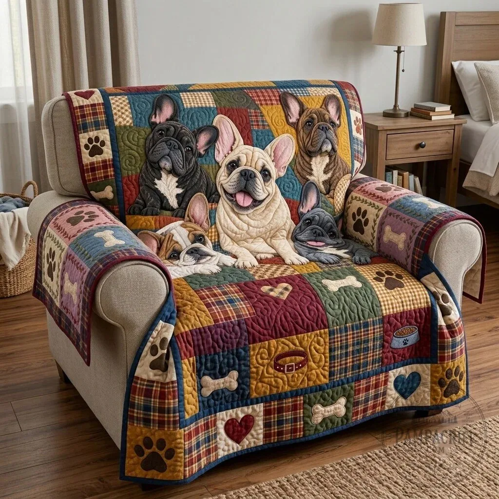 Happy French Bulldog Quilted Sofa Cover Protector with Paw Print Design