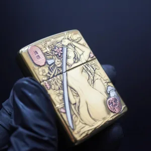 Japanese Geisha Woman with Katana Sword Engraved Brass Zippo Lighter
