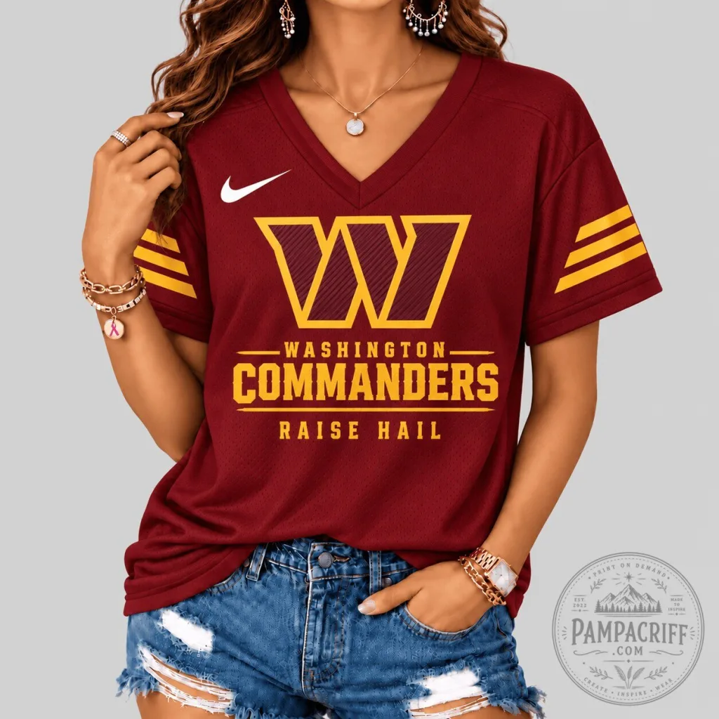 Washington Commanders Football Team Raise Hail V-Neck T-Shirt for Women Washington Commanders Football Team Raise Hail V-Neck T-Shirt for Women