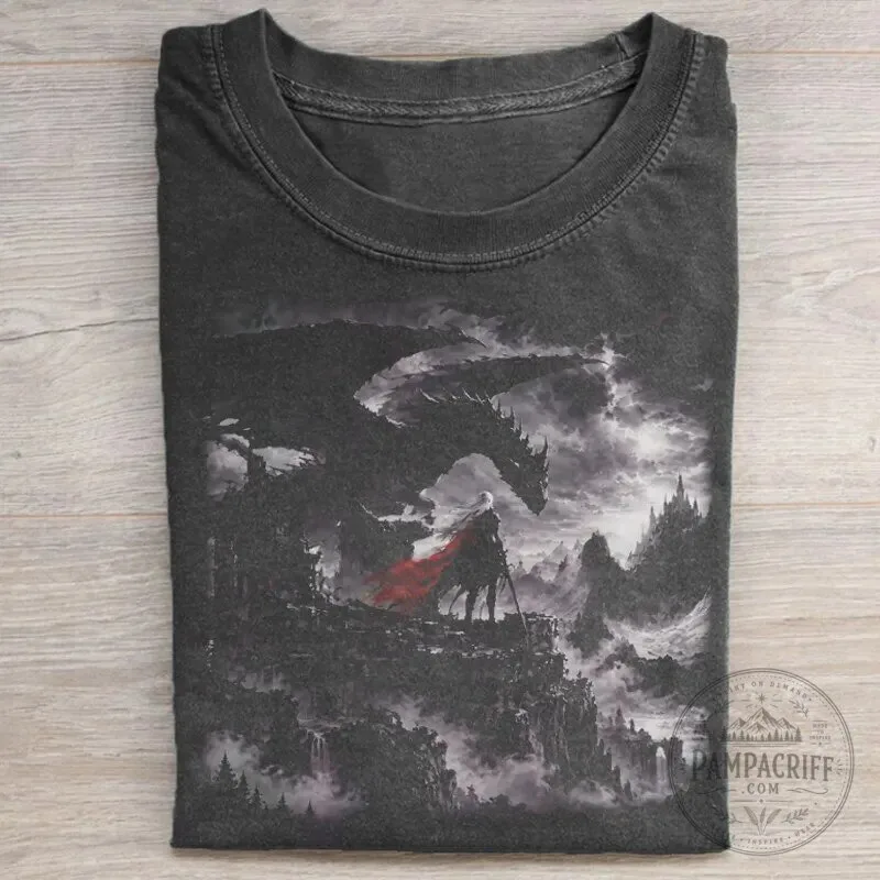 Dark Fantasy Dragon and Knight Battle Scene Graphic Print T-Shirt