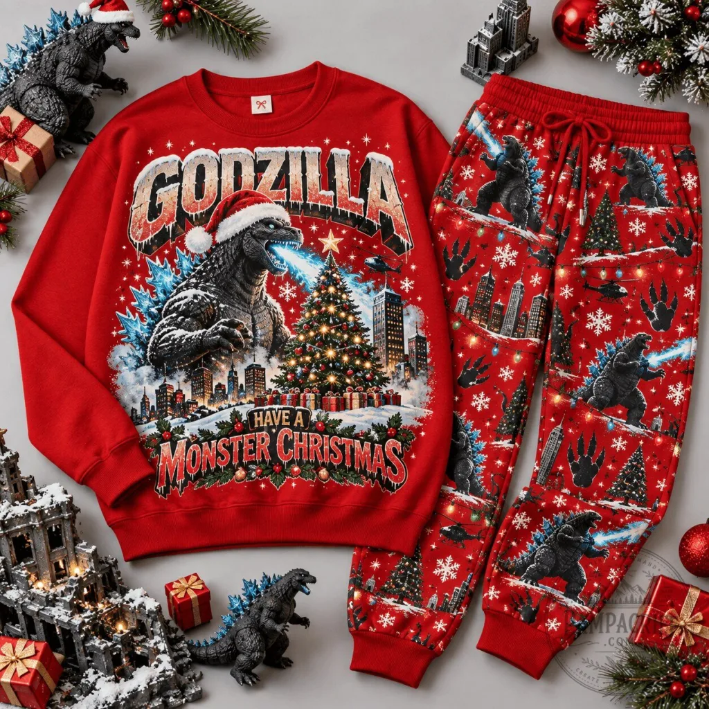 Godzilla Have A Monster Christmas Holiday Crewneck Sweatshirt and Joggers Set Godzilla Have A Monster Christmas Holiday Crewneck Sweatshirt and Joggers Set
