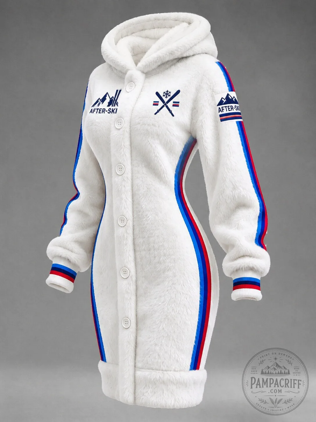 After-Ski Winter Sports White Fluffy Hooded Long Sleeve Jacket