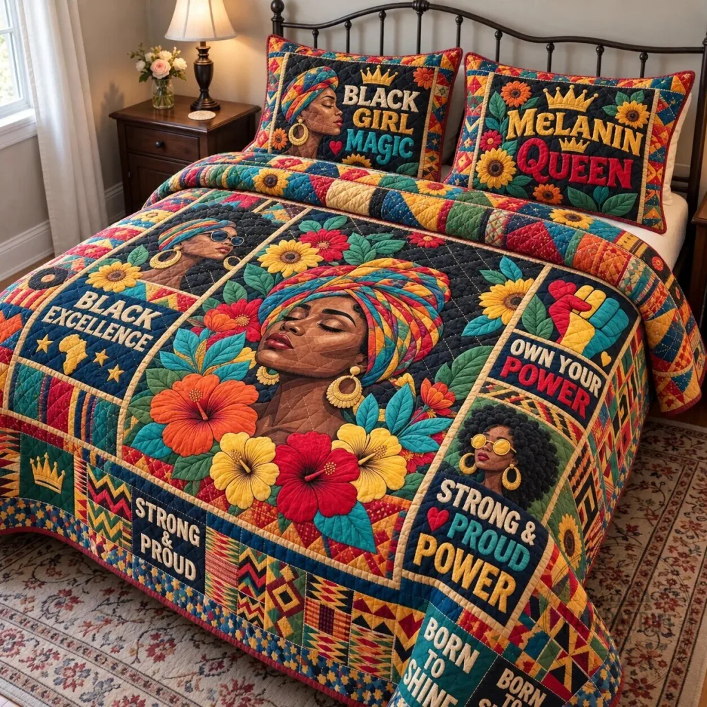 Melanin Queen Black Girl Magic African American Quilted Bedding Set Melanin Queen Black Girl Magic African American Quilted Bedding Set