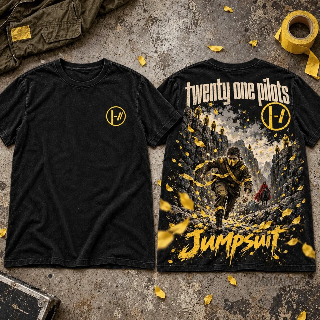 Premium Graphic T-Shirt in Yellow and Black Featuring Twenty One Pilots Jumpsuit for Fans Premium Graphic T-Shirt in Yellow and Black Featuring Twenty One Pilots Jumpsuit for Fans