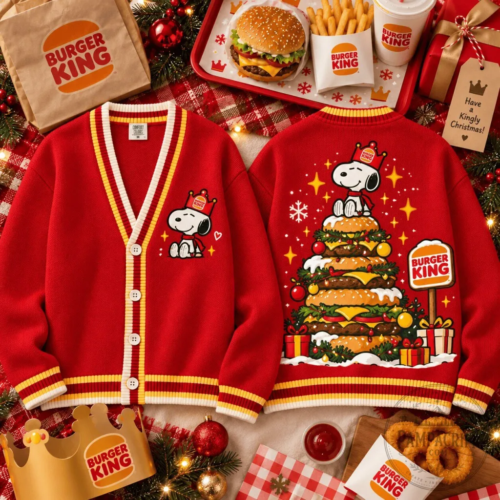 Burger King Snoopy Christmas Tree Burger Holiday Cardigan Sweater Burger King Snoopy Christmas Tree Burger Holiday Cardigan Sweater
